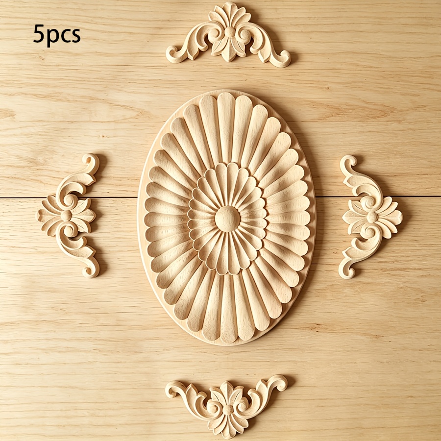 TEMU 5 pièces de décorations appliquées en bois sculpté de style européen, matériau en bois non peint, fournitures de menuiserie, découpes ovales en