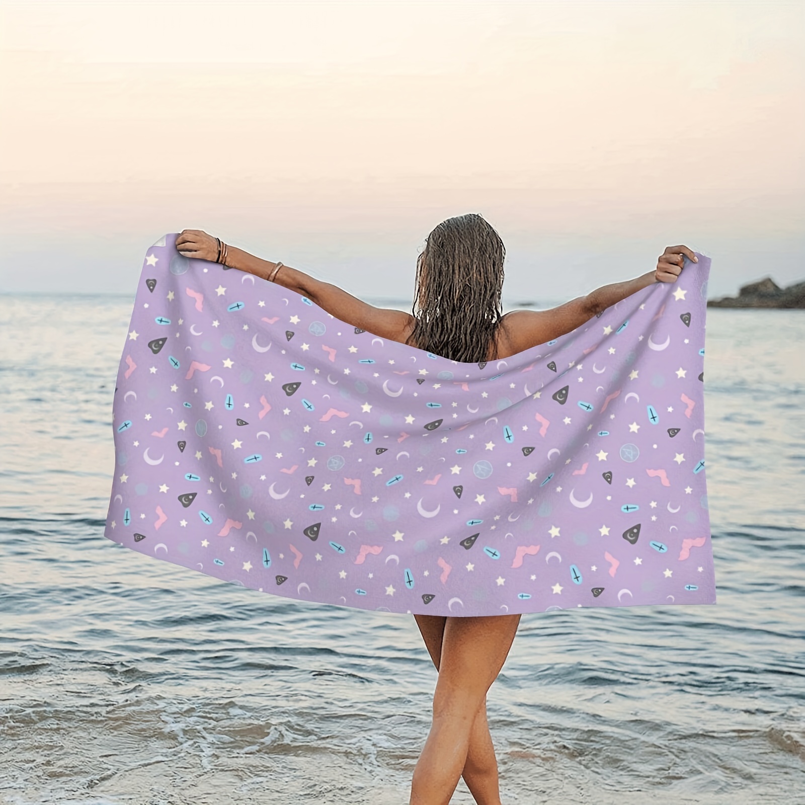 

1pc Star Moon Patterned Absorbent Beach Towel, Galaxy Patterned Quick-drying Beach Towel, Planet Patterned Beach Towel, Suitable For Beach Travel, Camping, Swimming Vacation, Beach Essential Item