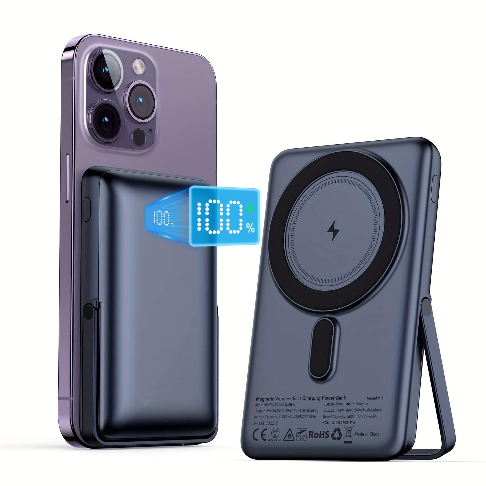 

Hufy Wireless Portable Charger 10000mah - Mag-safe Compatible, Led Display, Foldable Stand, 20w Pd Fast Charging, Compatible With Phone 15/ 14/ 13/ 12 Pro/pro Max/plus, Grey