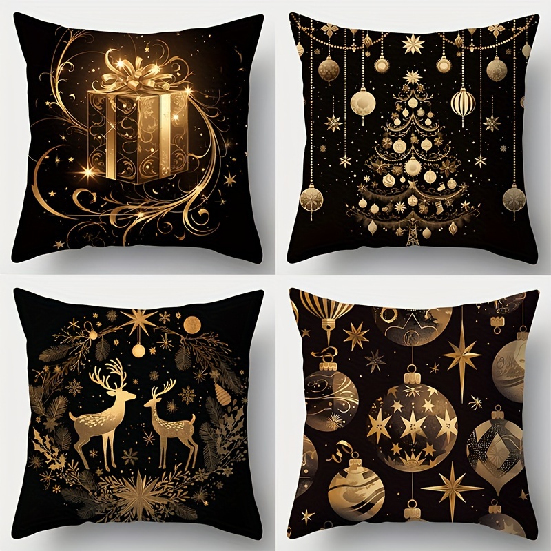 

Housses de coussin de Noël festives : 4 pièces, imprimé noir et or, tissu , lavage à uniquement, style contemporain, fermeture à glissière, convient à la décoration du salon