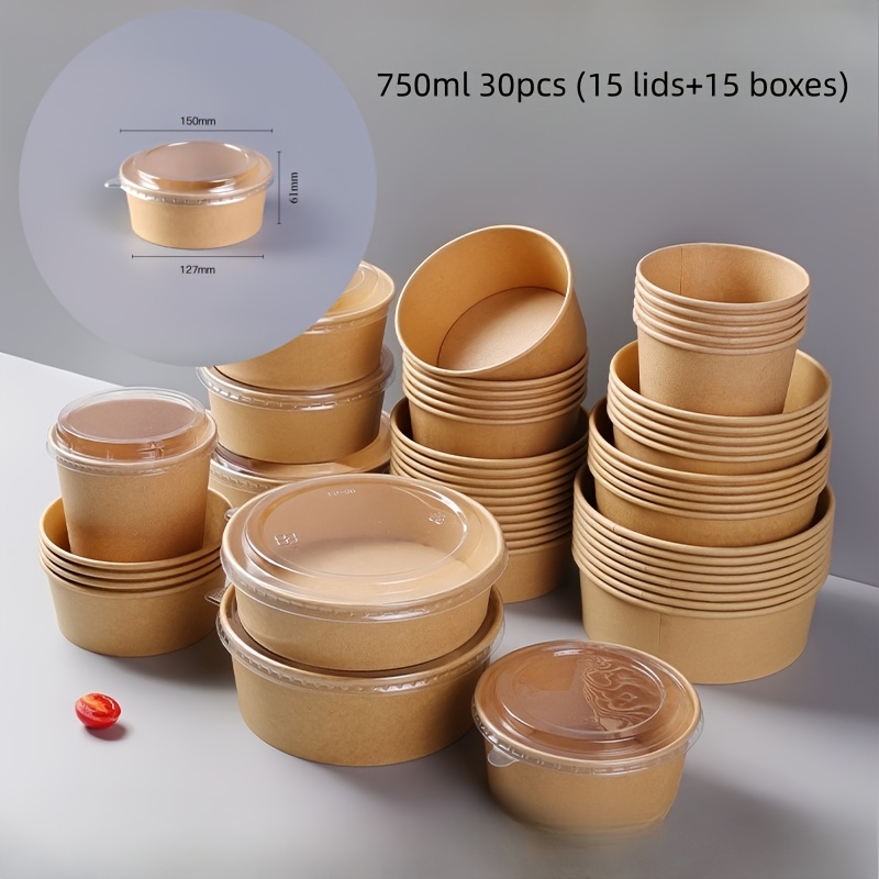 Image of 30pcs (15pcs Lid+15pcs Box) Paper Bowl With Lid, Food Container, Soup Bowl, Meal Box, , Suitable For Home Kitchen, Restaurant Takeaway, Picnic Party, Kitchen Supplies