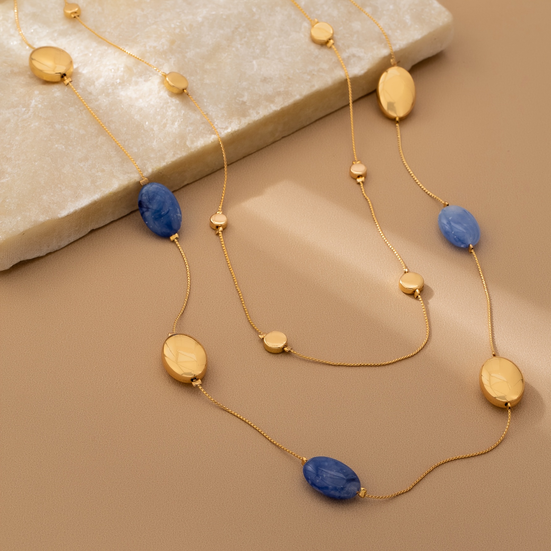 TEMU 1pc Bohemian Style Double-layered Oval Beaded Long Sweater Chain, Suitable For Daily Commuting, , And Vacations, Blue Necklace With Smudged
