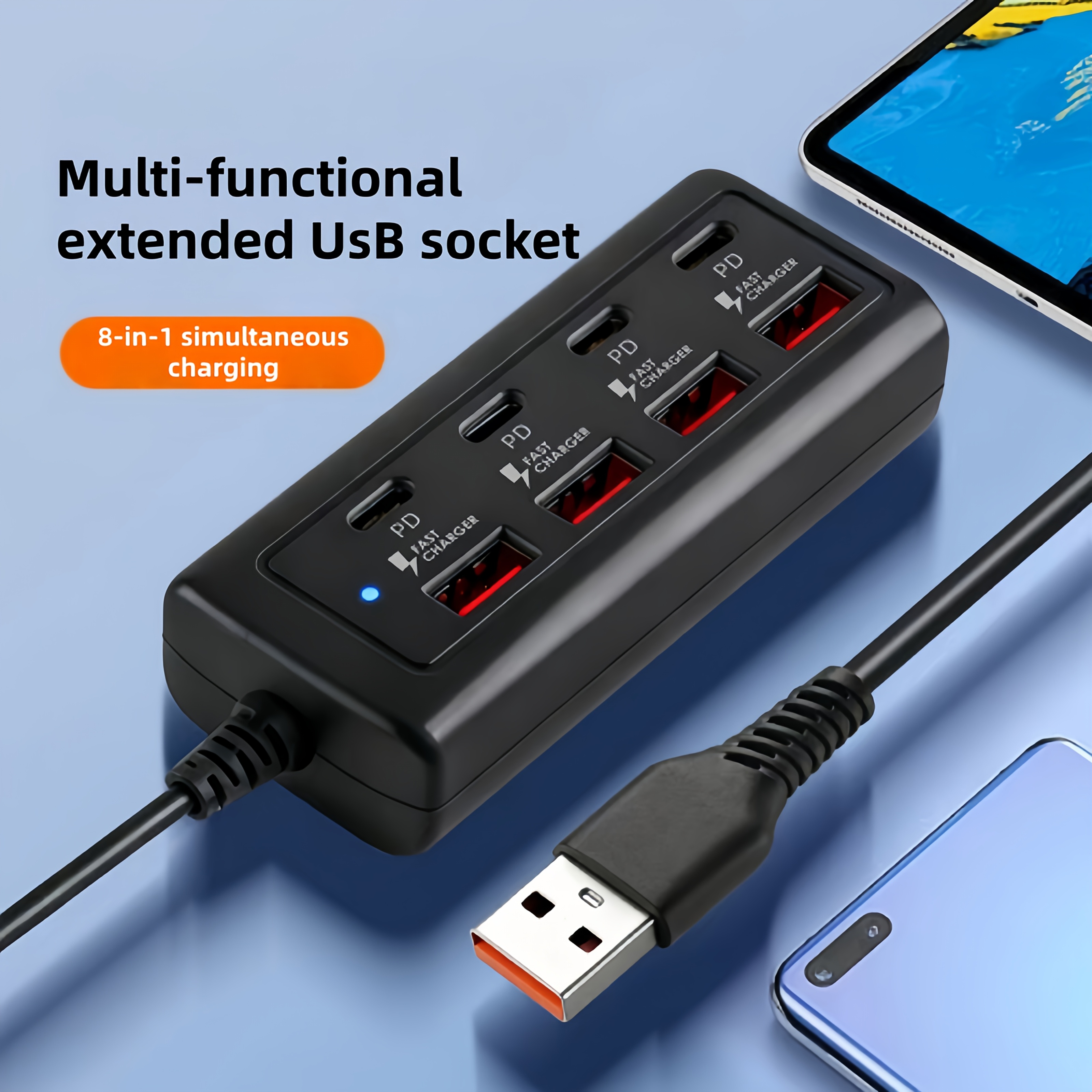 new 8 port pd fast charging station usb multi port hub 4 type c 4 usb a single port 25w multiple protection usb interface secondary molding firm device connection 47 24 inch extension cord notebook tablet mobile phone fully compatible