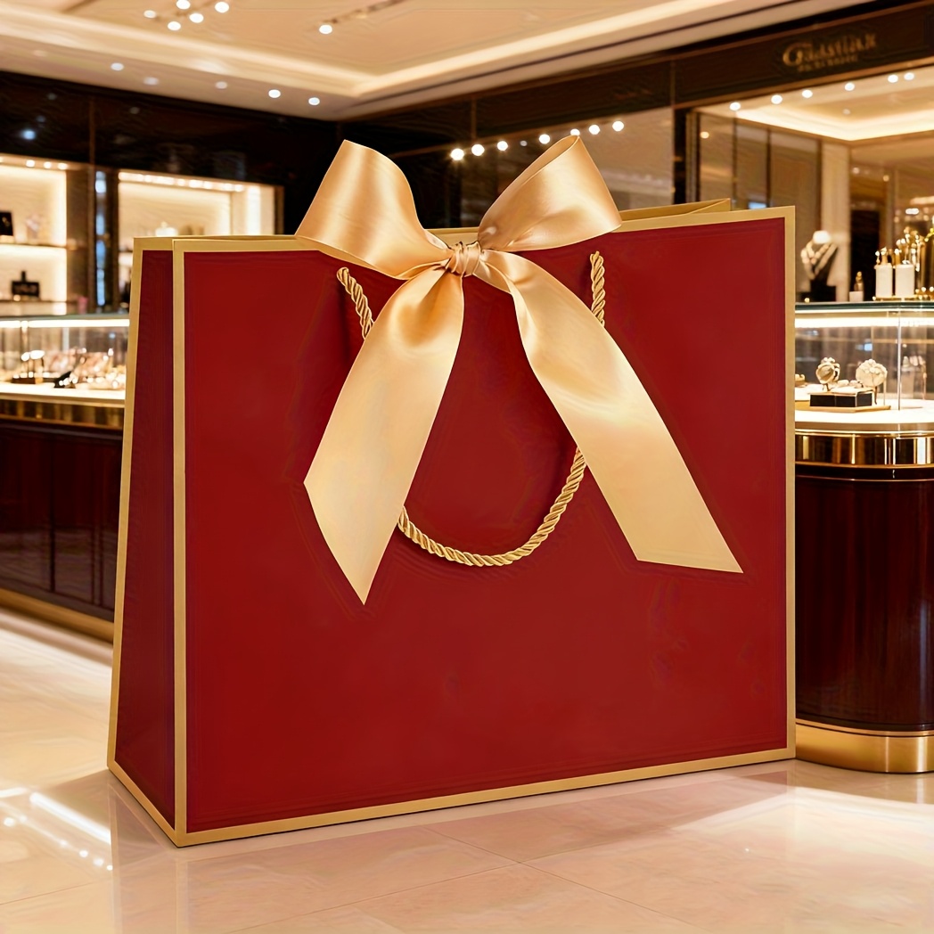 E-shop Weinroter Geschenktüte mit goldenem Schleifenband, 32X25X11 cm (12.6X9.8X4.3 Zoll), Papier "Danke"/Willkommenstüte mit Griff, Ideal für