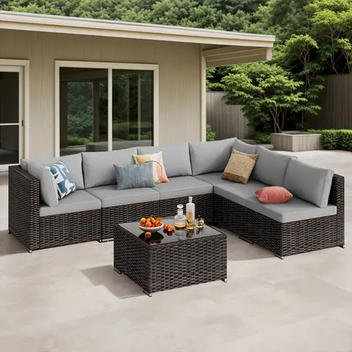 patio furniture set 7pcs outdoor couch with glass table wicker patio furniture pe rattan patio conversation set all weather sectional porch sofa with washable cushion for balcony garden grey cushion beige cushion