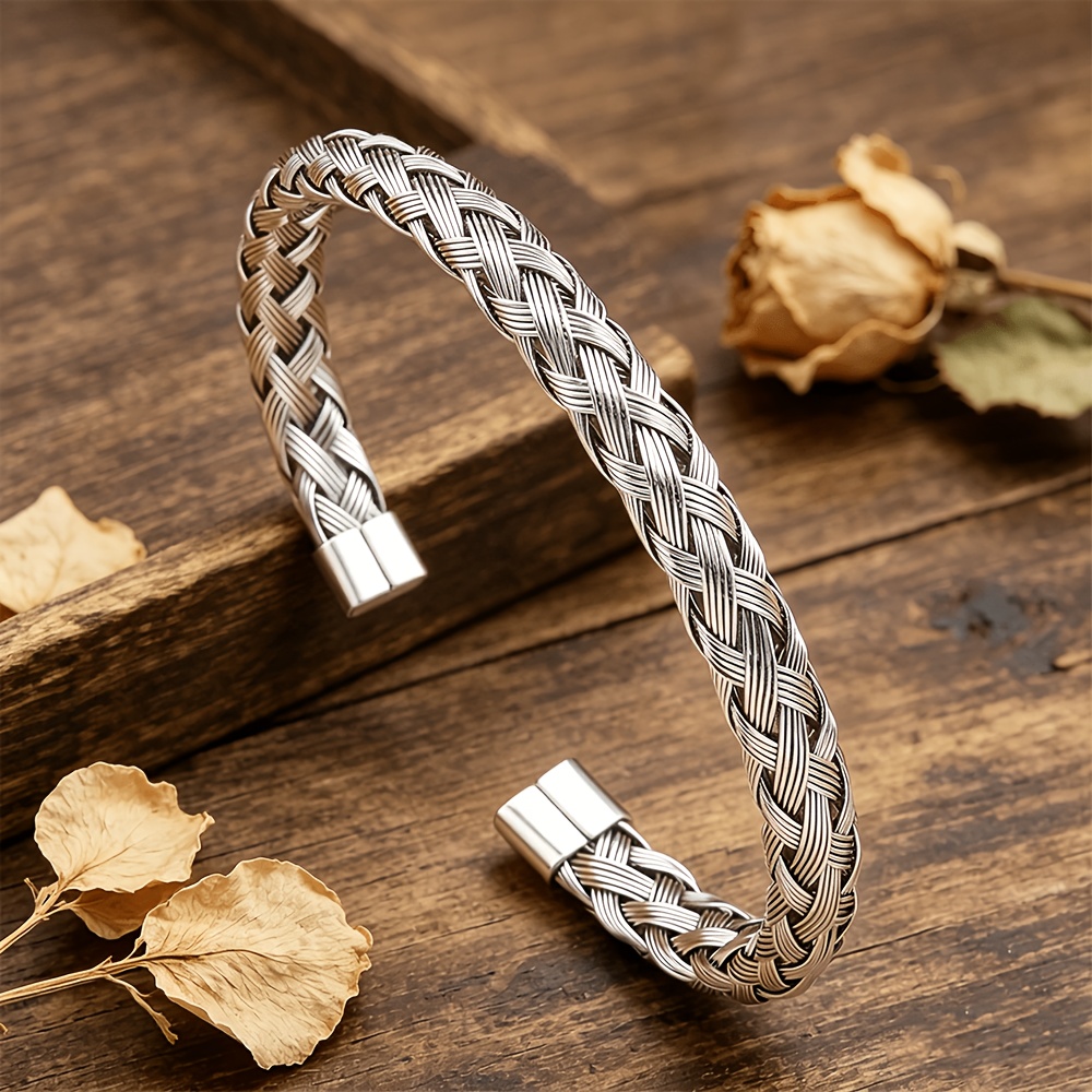 TEMU 1pc Vintage Woven Silvery Bangle, Adjustable Open Bracelet, Textured Twisted Design, Unisex Jewelry, Suitable For Daily And Party Wear