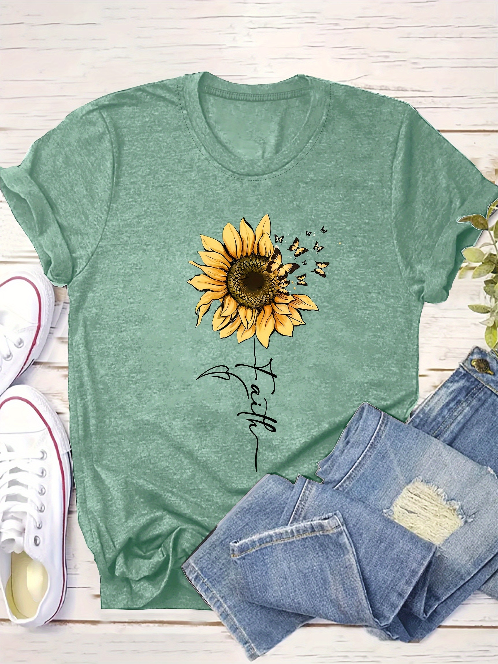 Sunflower Print Short Sleeve T-shirt, Casual Crew Neck Top For Spring & Summer, Women's Clothing