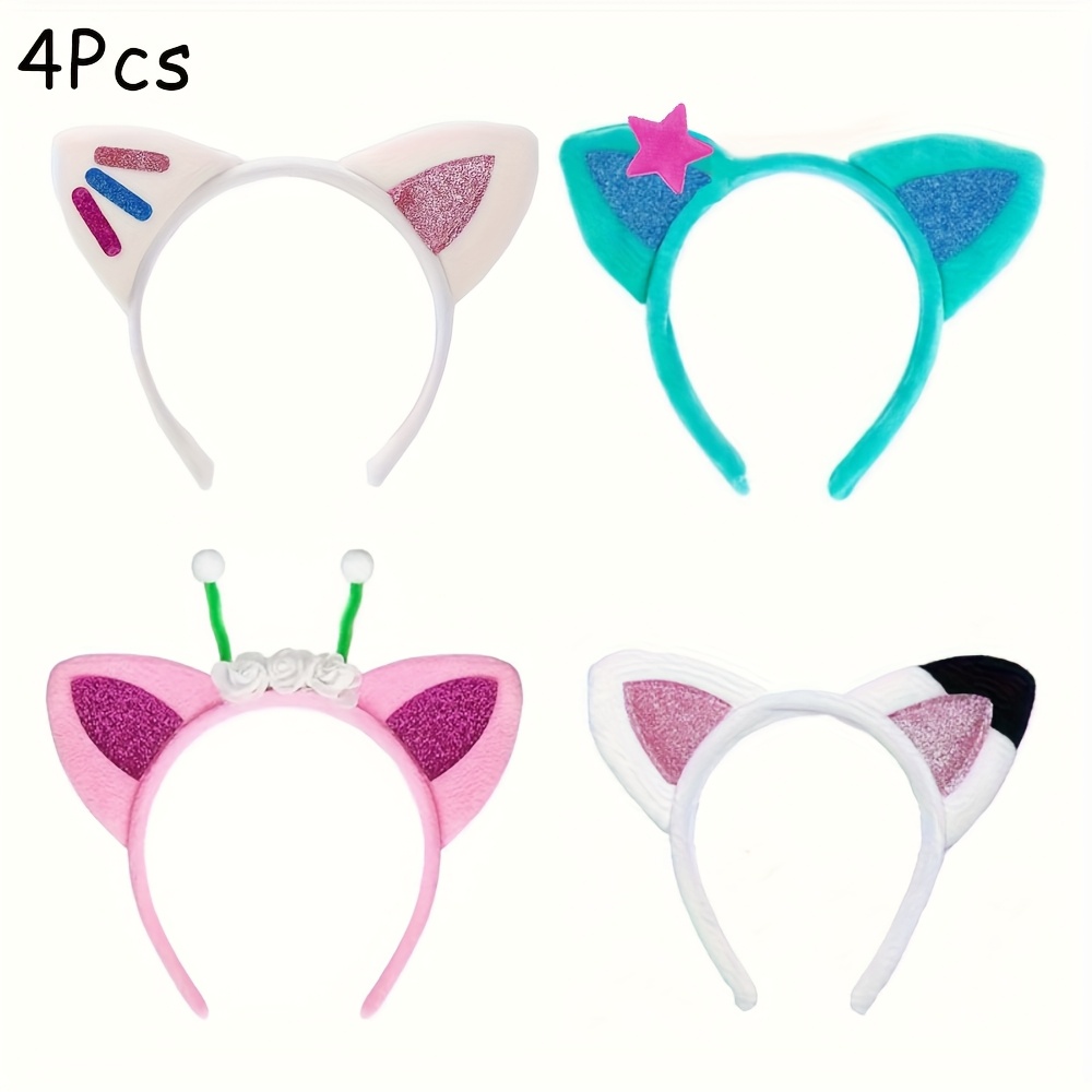 Image of 4pcs Unique Cat Ears Headband, Cat Ears Hair Band And Hair Clips, Sequined Color Block Up, Women's Halloween Christmas Party