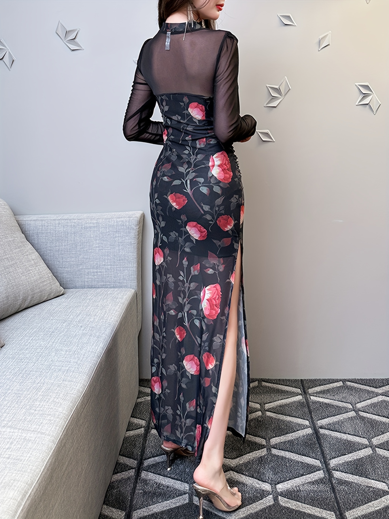 New Chinese Style Floral Improved Cheongsam with Mesh Long Sleeves, Women'S Autumn And Winter Bodycon Long Dress.