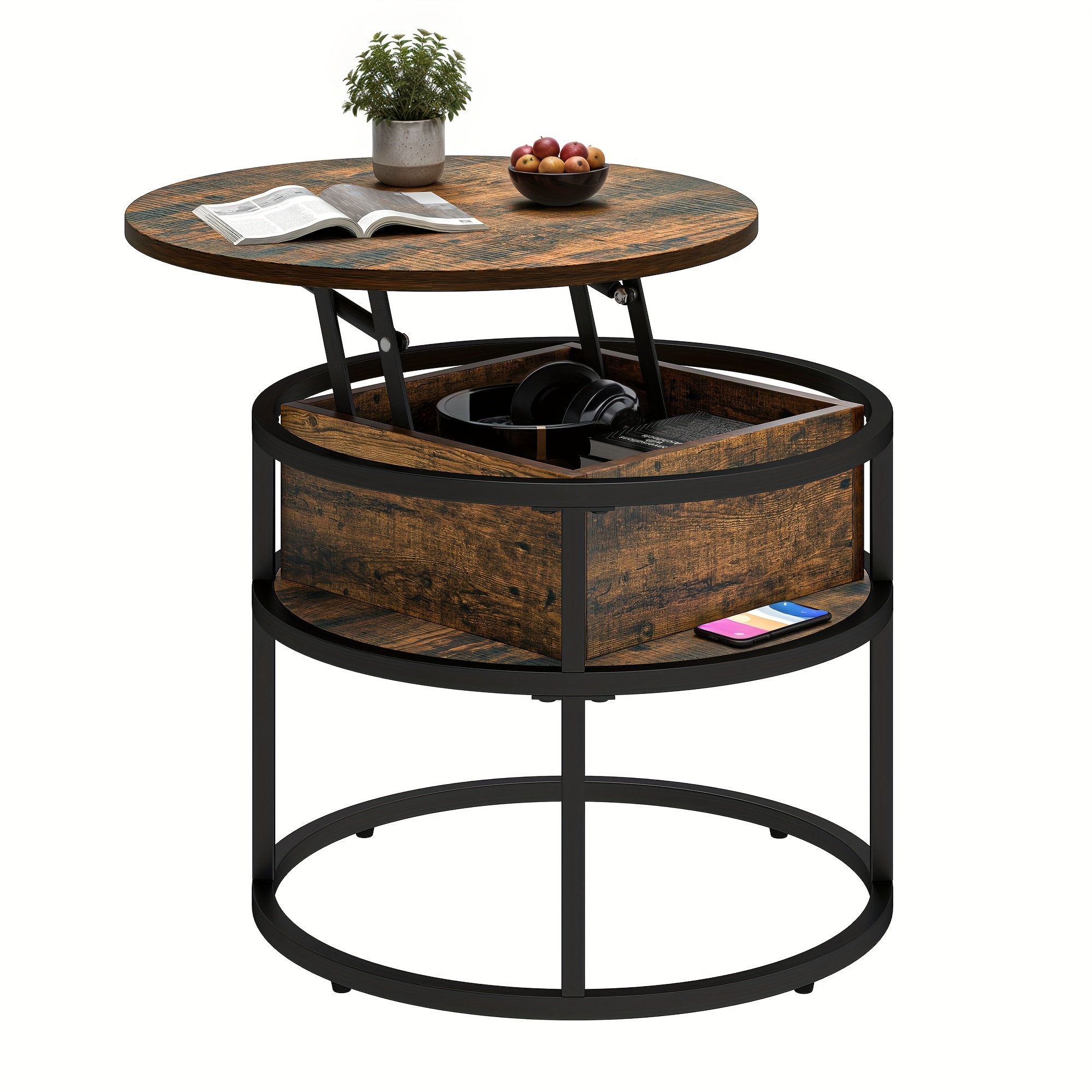 E-shop Runder Couchtisch mit Hebeboden, Wohnzimmertisch mit Stauraum 60X60X47Cm, Couchtisch Wohnzimmer Höhenverstellbar