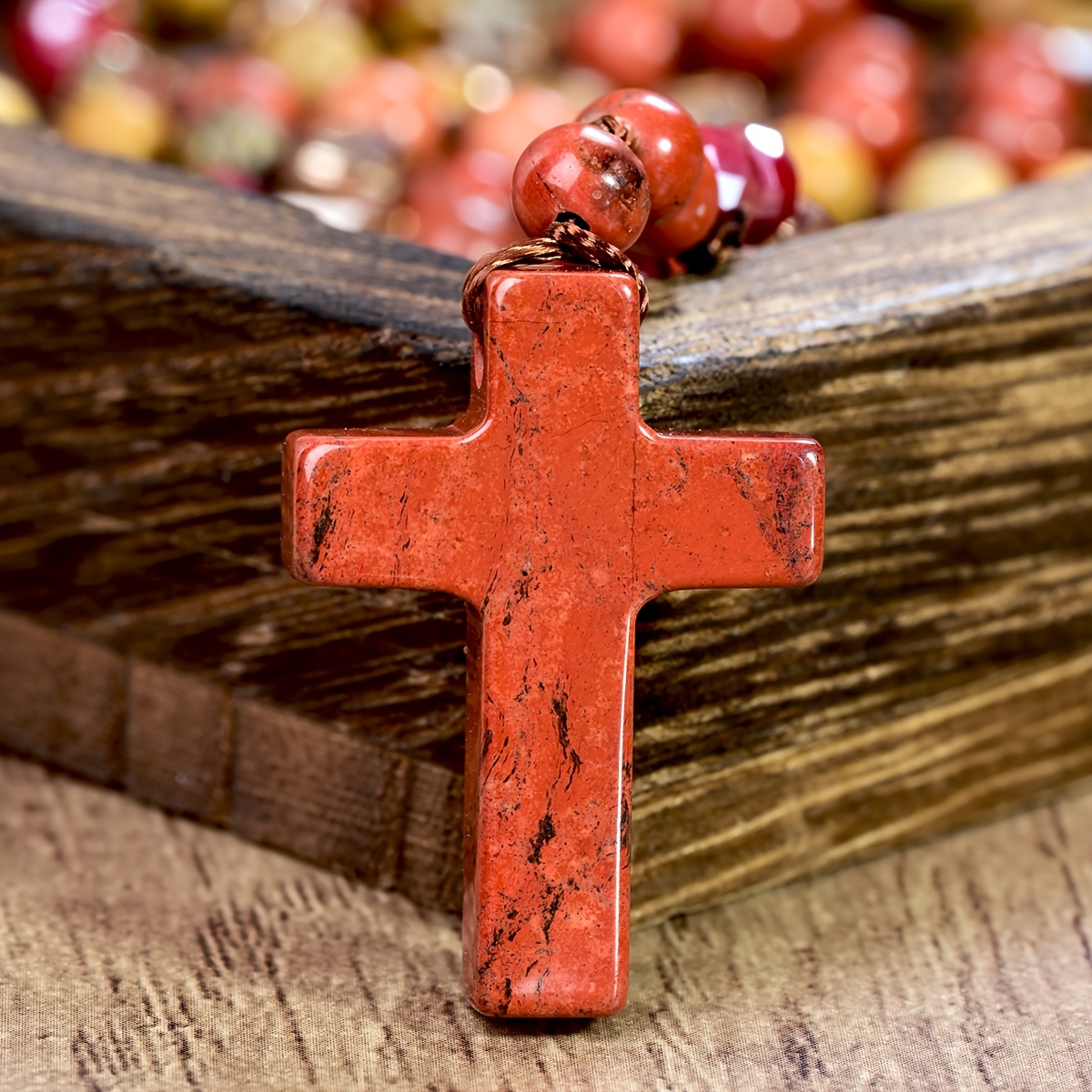Women's Boho Red Jasper Cross Long Pendant Necklace, Vintage Handmade