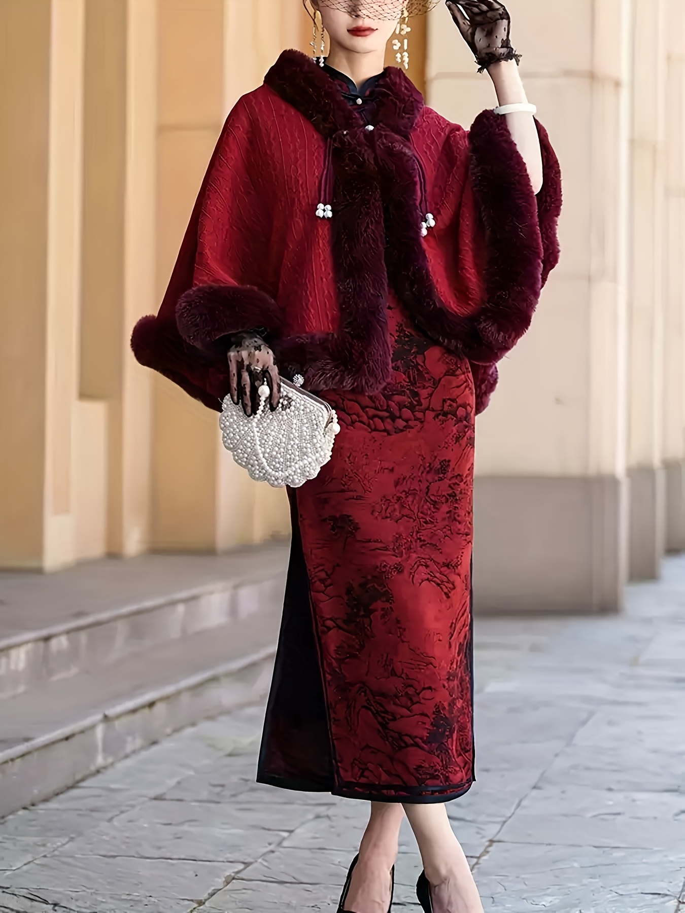 elegant plus size winter cape faux fur trim tassel detail - Temu Georgia