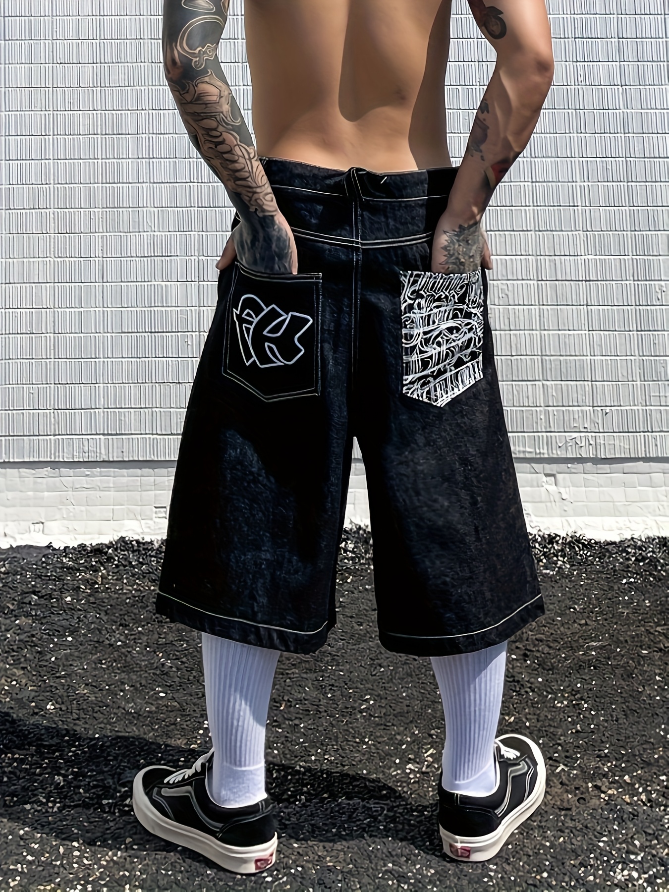 Men's Baggy Denim Jorts – Vintage Loose Fit Y2K Embroidered Wide