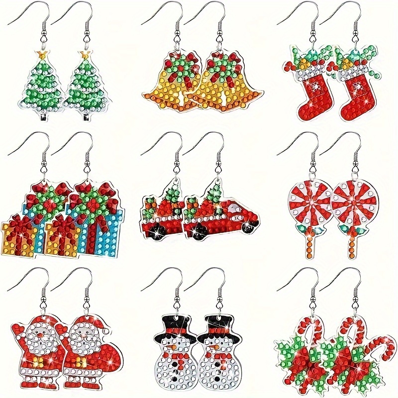 

9pcs/set Christmas Series Pattern Diamond Painting Earrings Set Diy Creative Diamond Painting Earrings, Holiday Gifts