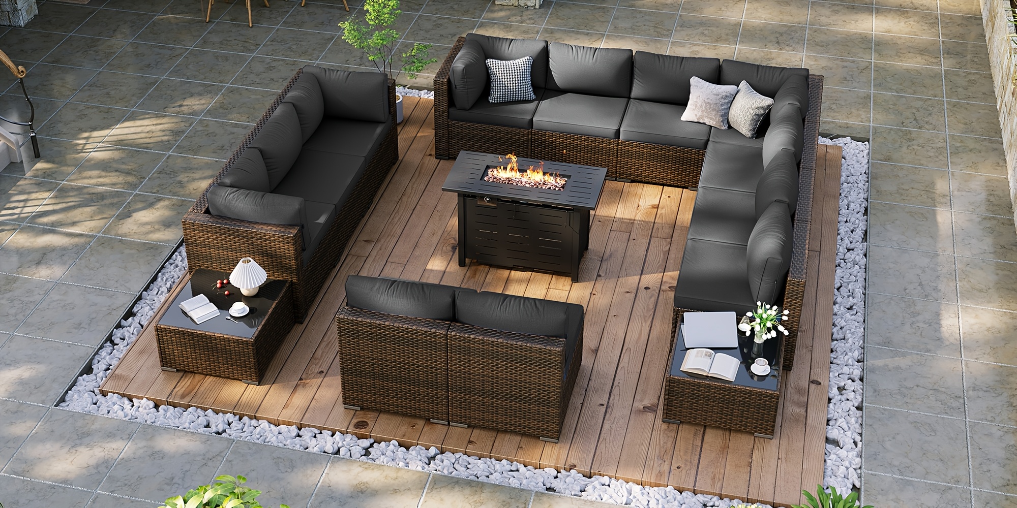 15pcs outdoor patio furniture set with   fire pit table wicker rattan sectional sofa with thick cushions coffee table waterproof cover beige cushions Product details 0