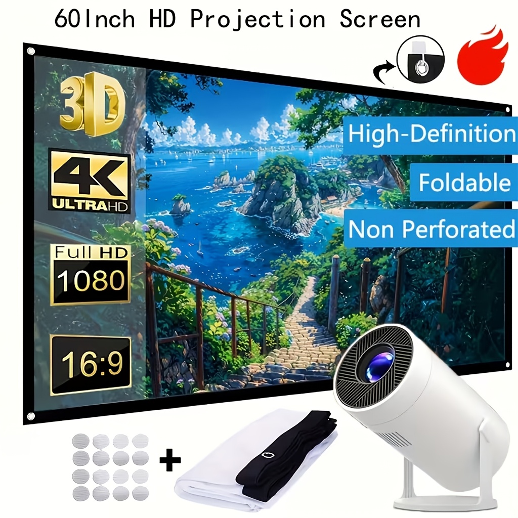Image of 60-inch Portable Foldable 4k Projector Screen Fiber Anti-crease Wrinkle-free Lightweight Movie Screen For Indoor Outdoor Home Theater Quick Setup Easy Carry With Mounting Additions