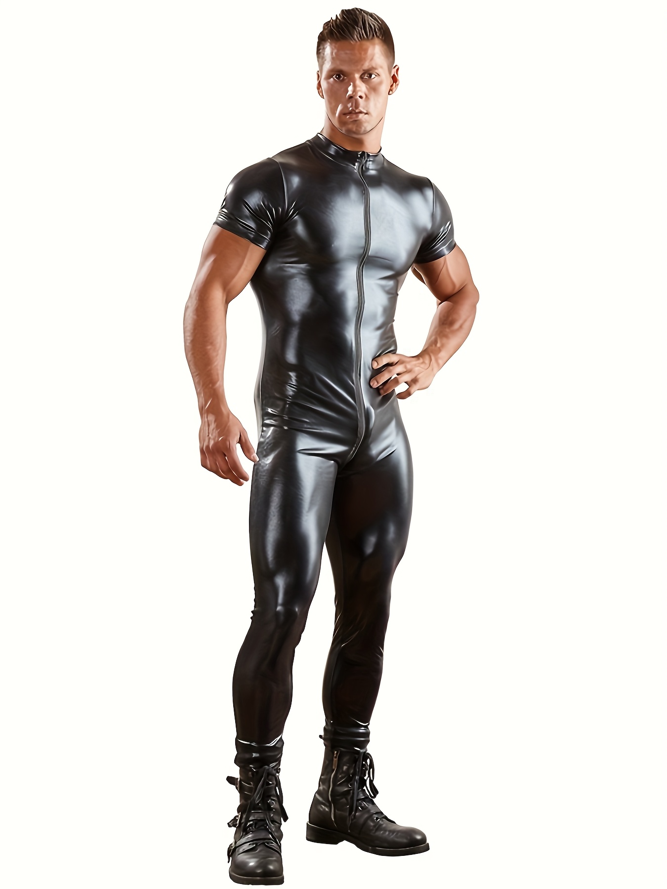 Men'S Sleek Black Bodycon Jumpsuit with Double Zipper & Open Crotch - Short Sleeve, Round Neck, Stretchy & Form-Fitting for Nightclub Performances & Casual Wear, Nightclub Attire, Durable Fabric