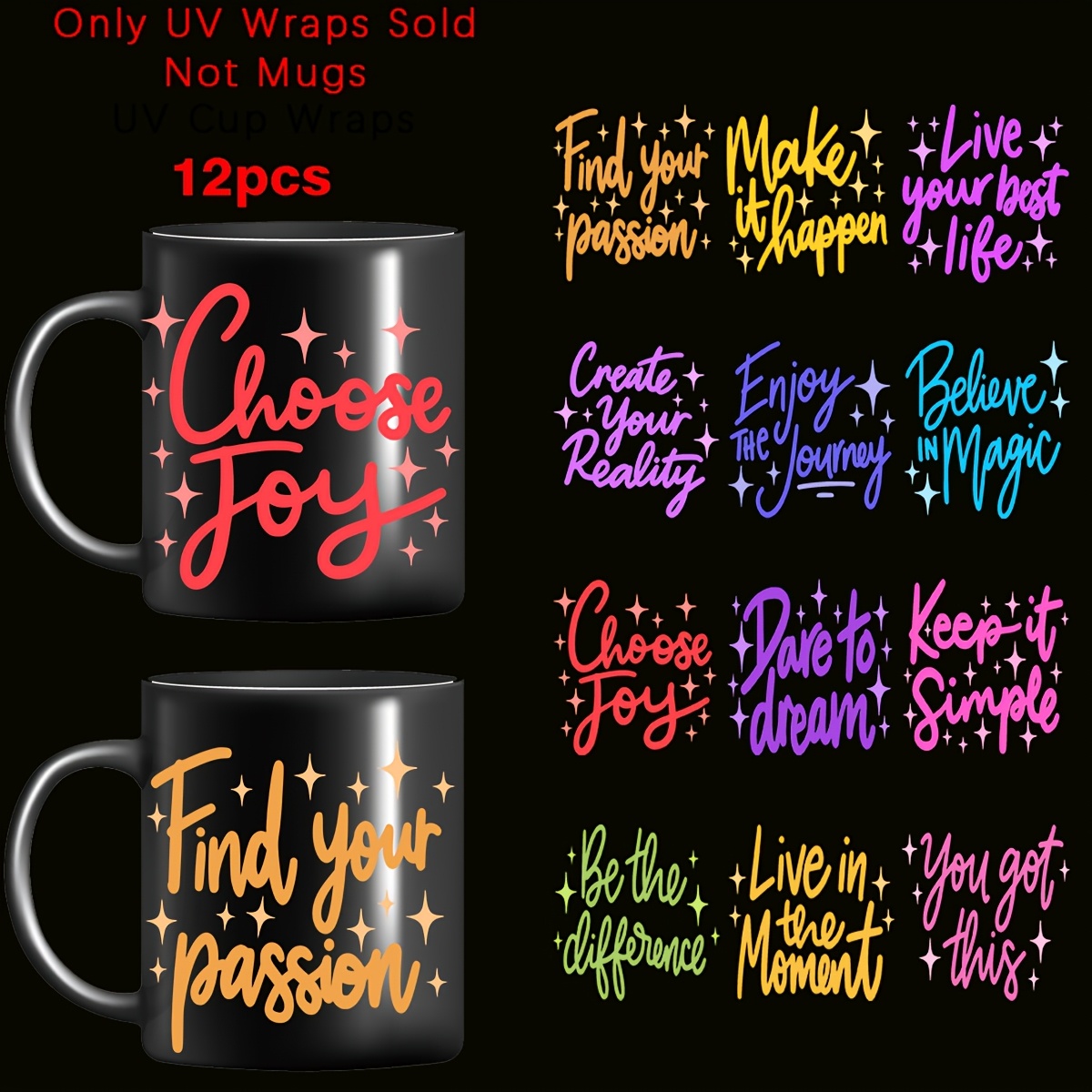 

12pcs Inspirational Quotes Uv Dtf Mug Decal Set - High , Waterproof Pvc Stickers For Diy Cups & 3d Labels, Reusable Motivational Decor