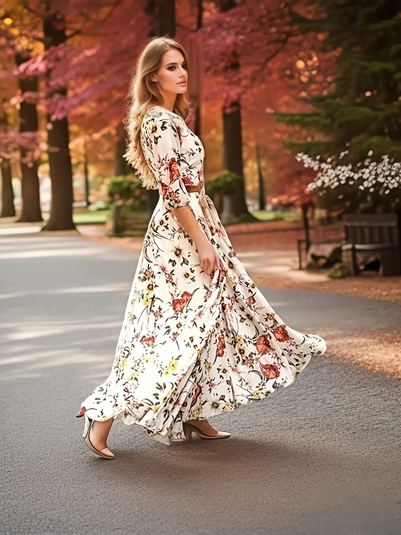 Women'S Floral Print Maxi Dress 3/4 Sleeve Swing Dress, Long A-Line Gown  with Round Neck, Woven Polyester Elegant Casual Holiday Dress with