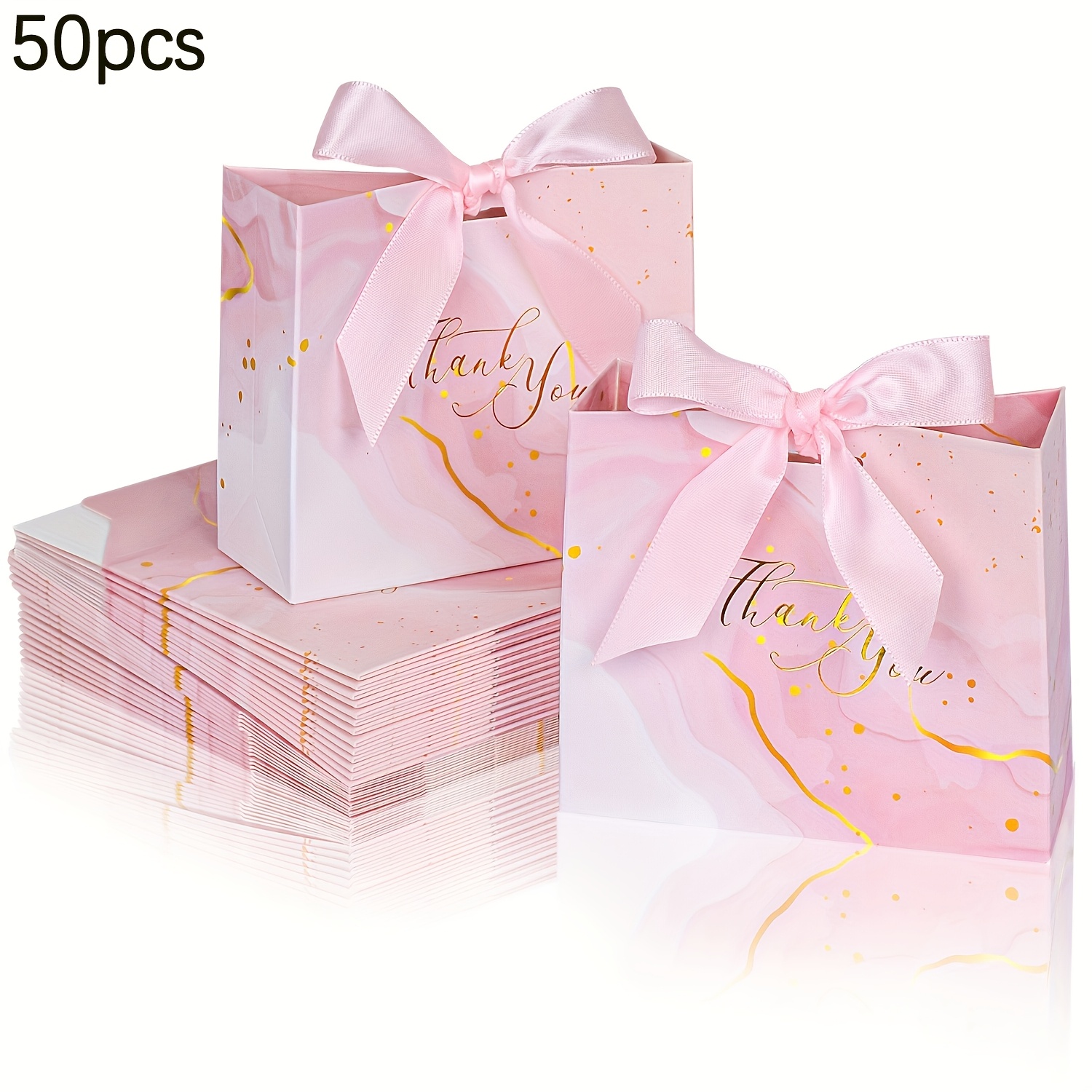 

50pcs Thank You Gift Bags With Bow Ribbon - Weddings, Birthdays & Bridesmaid Parties - 4.5x1.8x3" Paper Favor Bags