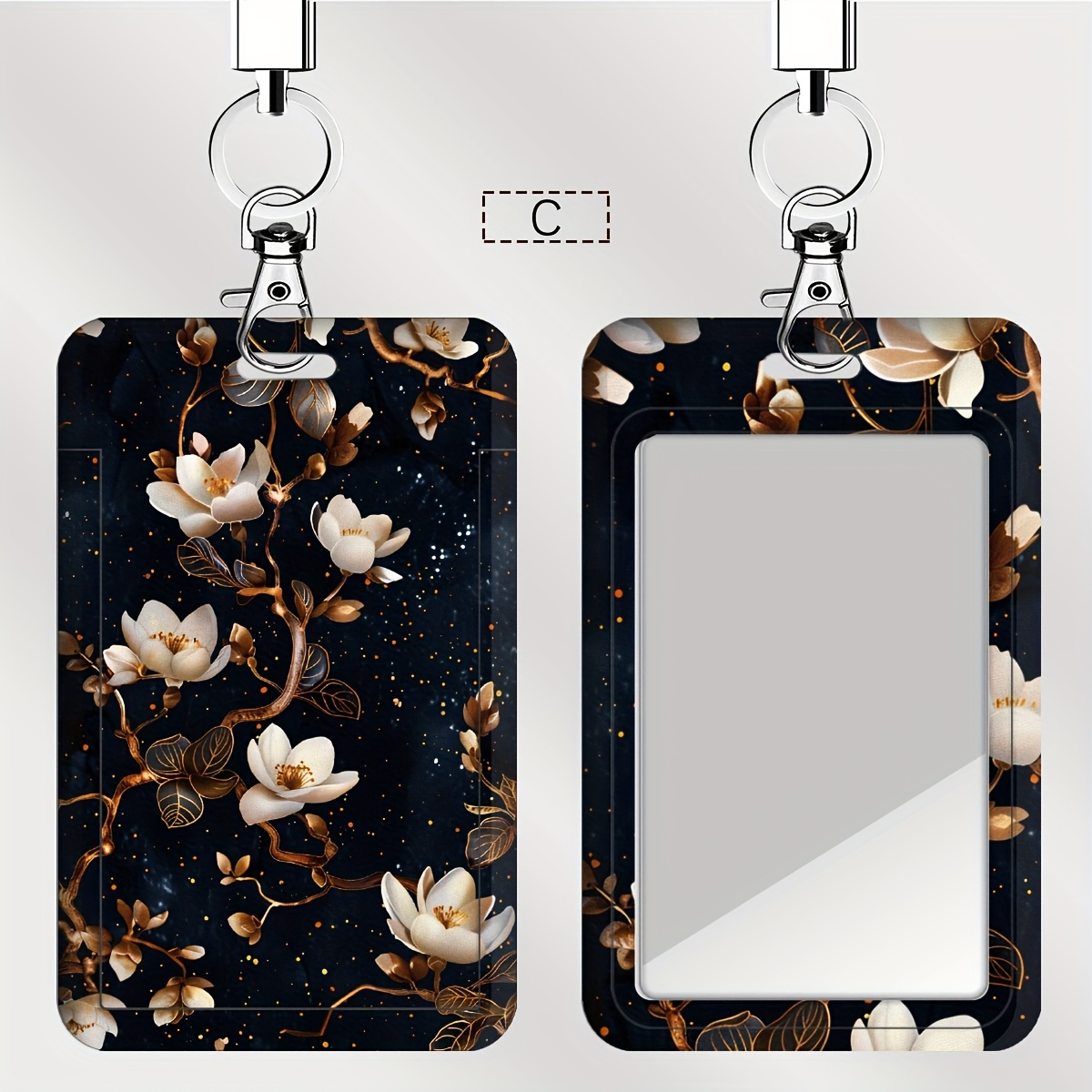 TEMU Floral Series Id Badge Holder With Woven Lanyard, Elegant Golden Branches And White Flowers Design, Durable Plastic Protective Cover For Cards,