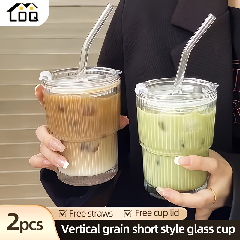Glasbecher Mit Strohhalm & Deckel – 370 Ml, Bernsteinfarben, 4 Stück, Für Eiskaffee & Smoothies