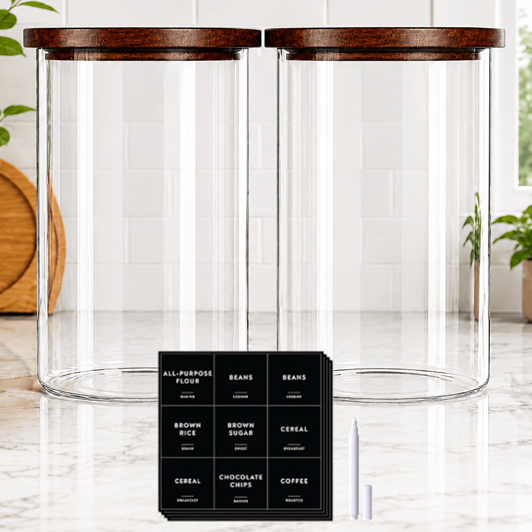 TEMU 2pcs Large Glass Flour And Sugar Containers With Kitchen Pantry Labels - 4000ml Thicken Glass Storage Jars With Airtight Bamboo Lid - Big Rice
