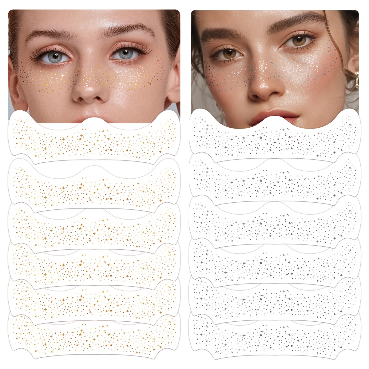 Image of 12pcs Freckle Face Stickers Golden And Silvery Combination Suitable For Christmas Gift Party Makeup Facial Glitter Patch