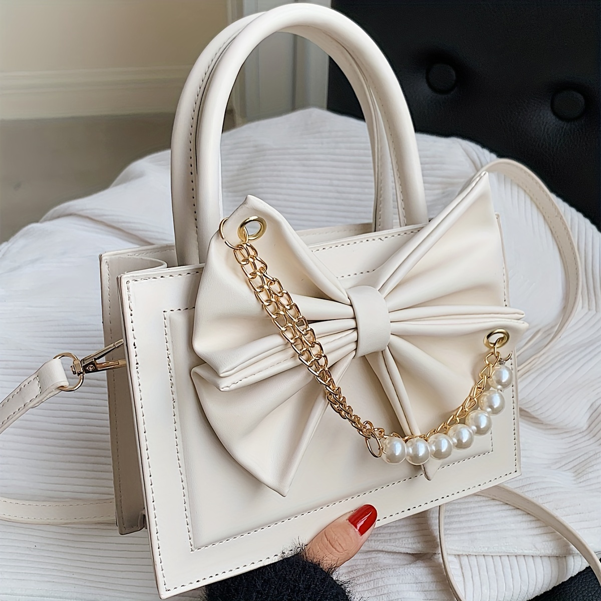 Large Handbag Fashionable Versatile Shoulder Bag Spliced Pearl Chain Crossbody Bag