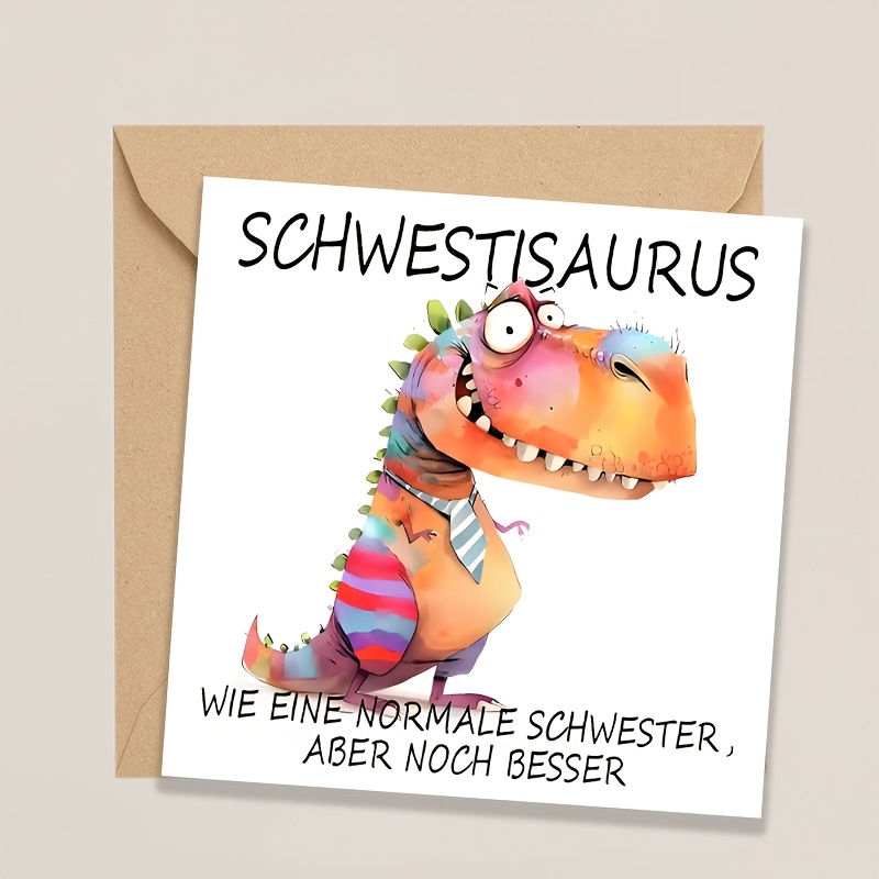 Image of 1pc Advanced Square Greeting Card With Envelope, Funny German ]sisters Greeting Card, Suitable For Birthday, With Lovely Dinosaur Pattern