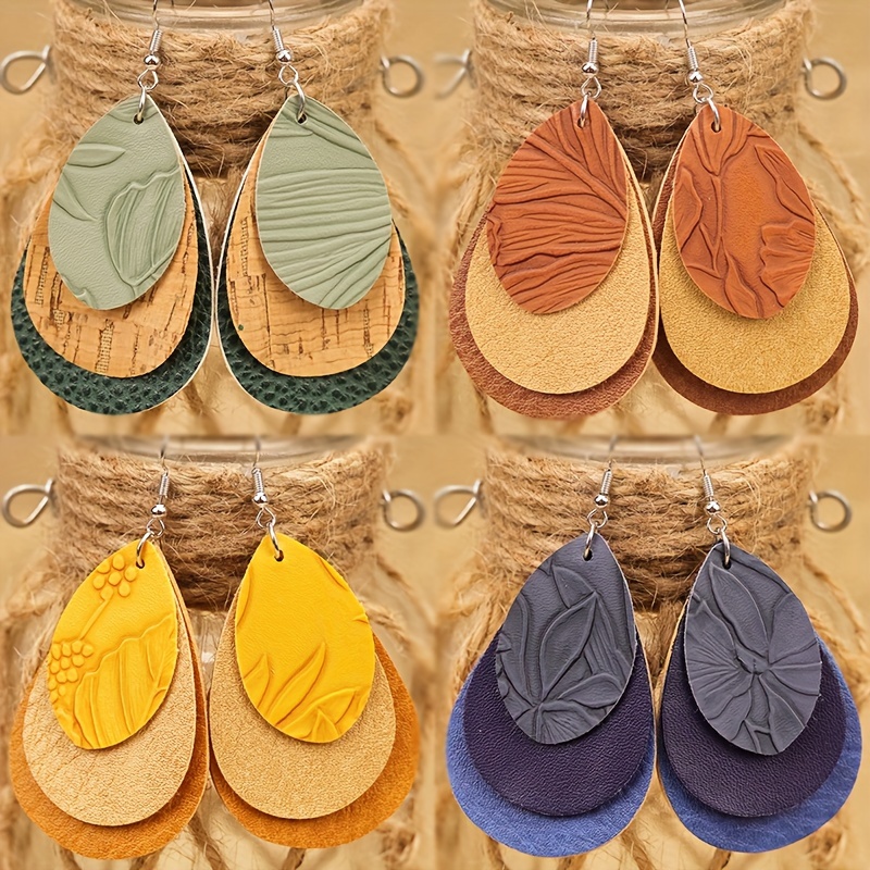 Bohemian PU Leather Teardrop Earrings Green Brown Yellow
