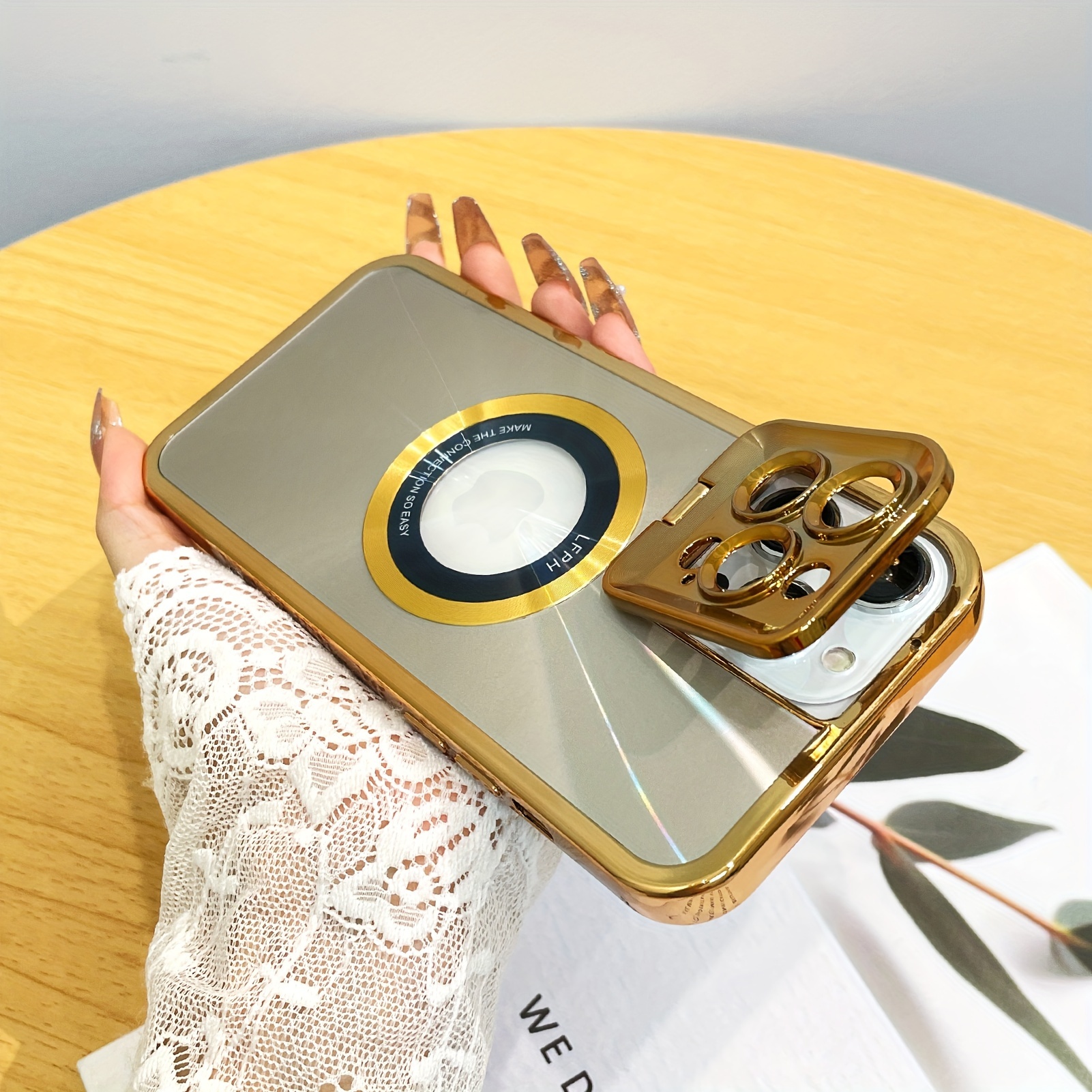 Dazzling Golden Lens Frame Nosilec, magnetna torbica za telefon za IPhone 14 Pro Max, zaščitna torbica za brezžično polnjenje_voghion.com