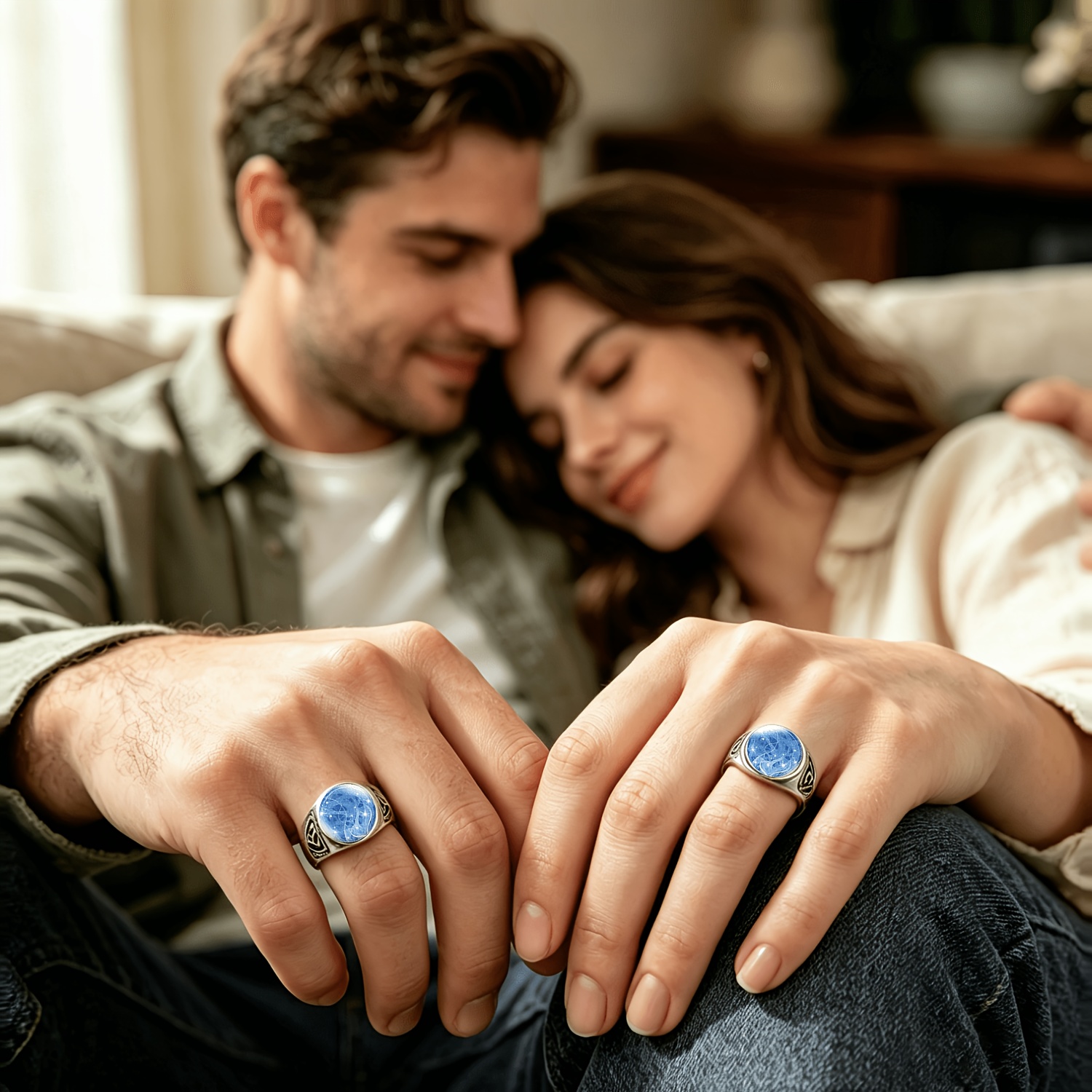 Metal Textured Ring with Blue Circular Pattern