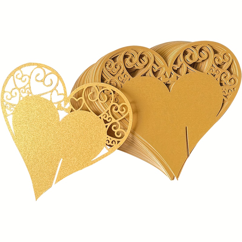 E-shop 50-teilige goldene, durchbrochene herzförmige Blumen-Laser-Cut-Papier-Tischkarten – Elegante Tischdekoration für Hochzeiten, Partys & Feiertage