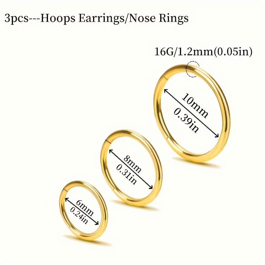 TEMU 3pcs 16g Elegant Women' Steel Hinged Earrings, Simple Seamless Nose Ring Diaphragm Lip Ring Cartilage Helix Ear Screen Sleep Earrings Gift Jewelry