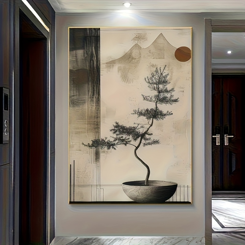 TEMU Stampa su tela minimalista con albero retr簷 moderno senza cornice, 2D piatto, 1 piano 2D, decorazione adatta per soggiorno, camera da letto,