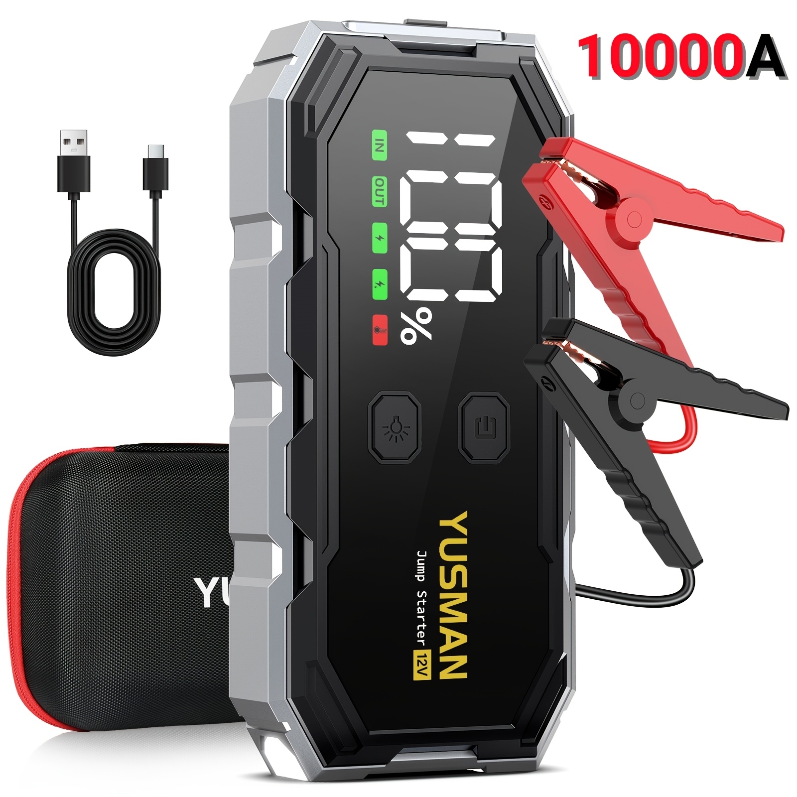 Image of 10000a/9500a Car Jump Starter, 12v Portable Battery Booster For All Gasoline/10l Vehicles, Qc3.0 Fast Charging, Lcd Screen, Led Emergency Light, Eva Storage Bag Optional