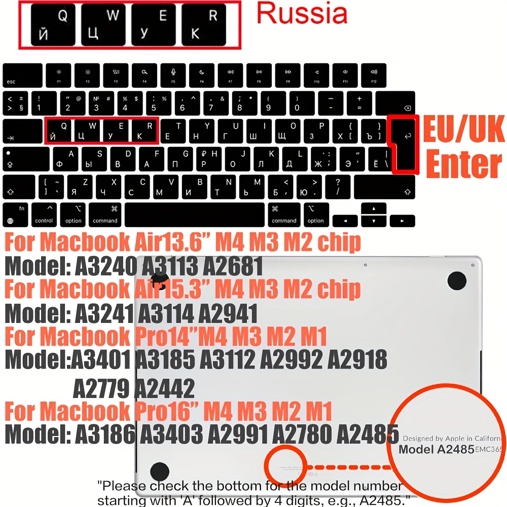 E-shop Tastaturabdeckung für MacBook M4, M3, M2, M1 - kratzungsbeständiger Silikon, weich und flexibel, schwarz mit russischer Tastaturanordnung, 13.6"