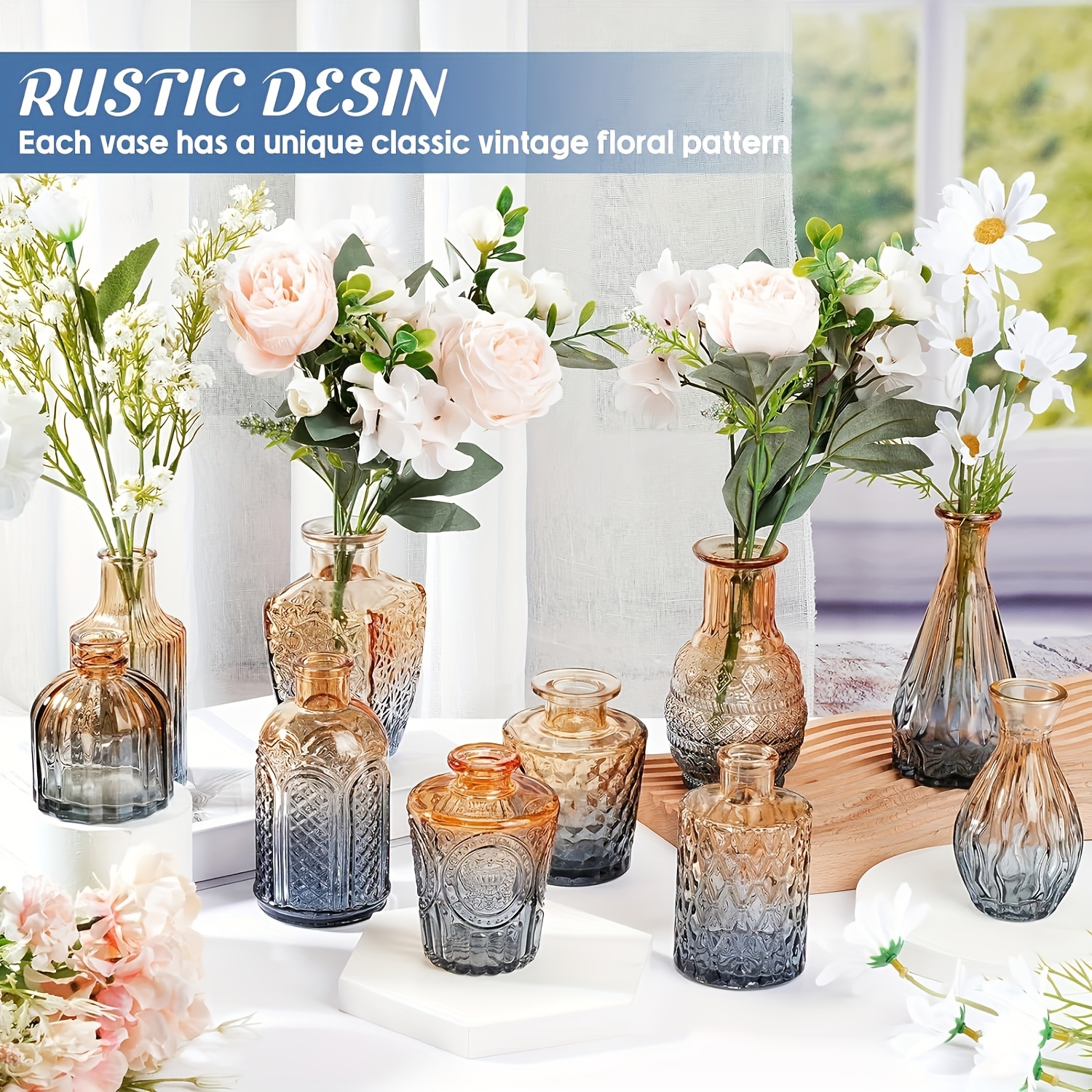 

Set Of 10 Bud Vases For Flowers, Small Vintage Glass Bottles In Bulk For Rustic Wedding Centerpieces And Home Table Decorations, Bluish Brown