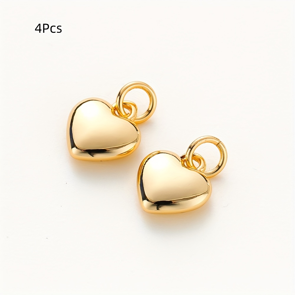 TEMU 4pcs 14k Golden Plated Brass Heart Charm Pendant With Jump Ring - Solid Love Pendant For Jewelry Making, Perfect For Necklaces, Bracelets, And