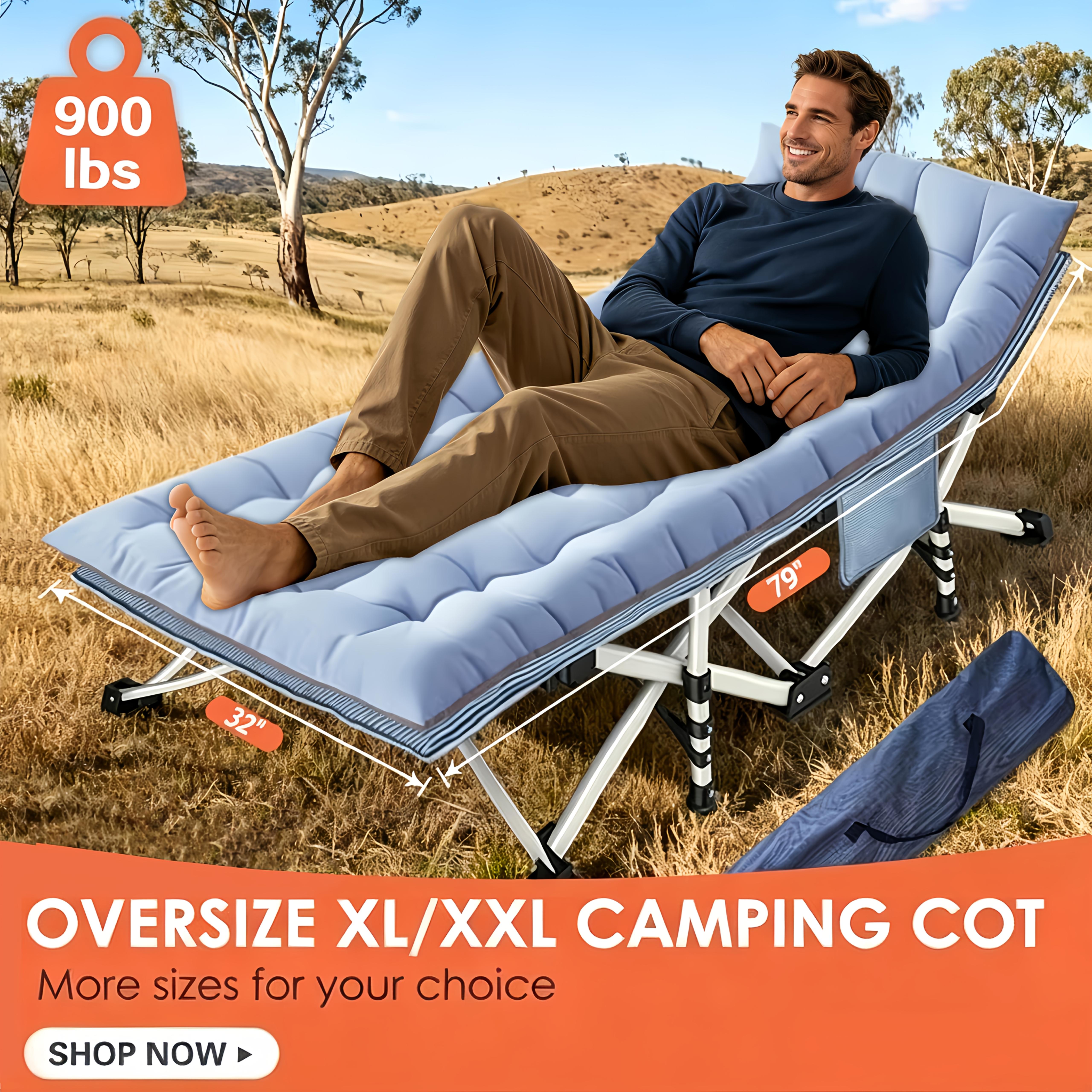 TEMU Heavy Duty Extra Wide Xxl Folding Camping Cot With Comfortable Mattress For Adults - 900lb & 700lb Capacity, Oversized Portable Bed With Carry