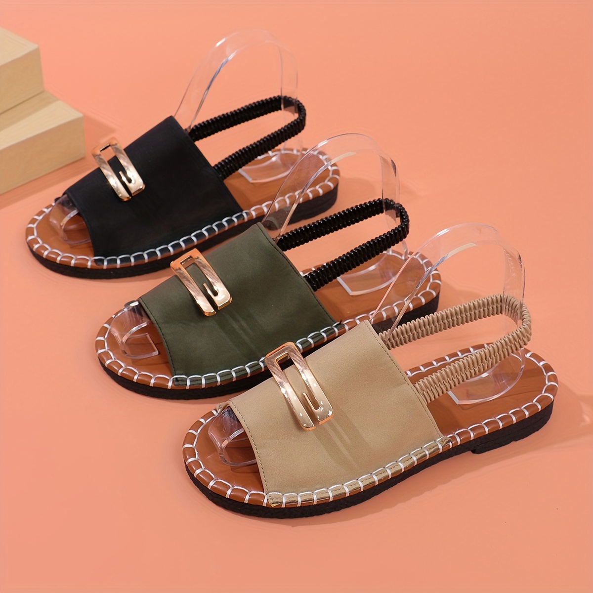 

Women's Metallic Buckle Decor Flat Sandals, Casual Open Toe Summer Shoes, Lightweight Ankle Strap Sandals