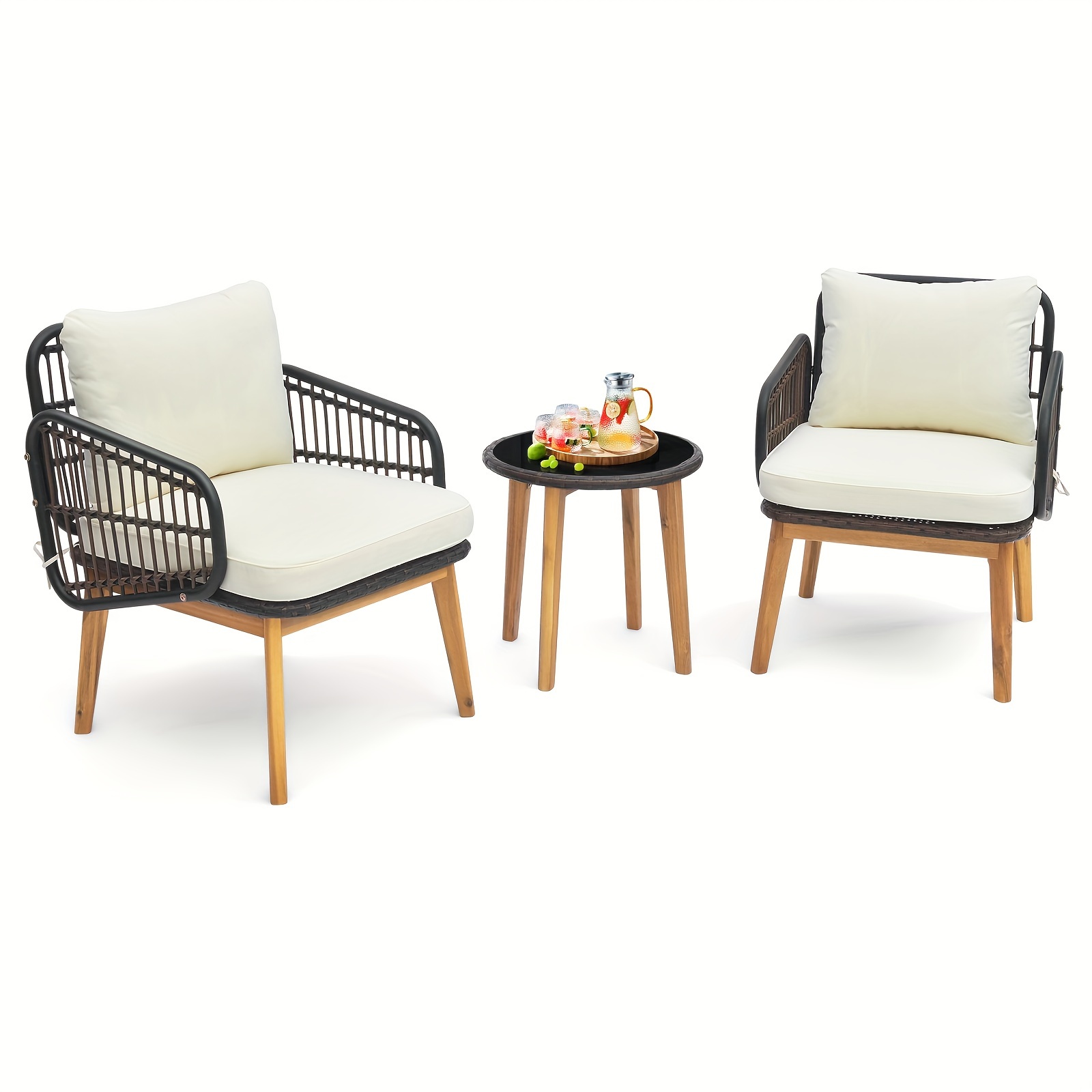 

3pcs Patio Furniture Set With Rattan Wicker Chairs, Cushioned Seating & Tempered Glass Top Side Table, Outdoor Conversation Set For Garden, Balcony, Deck, Supports Up To 400lbs - Weather Resistant
