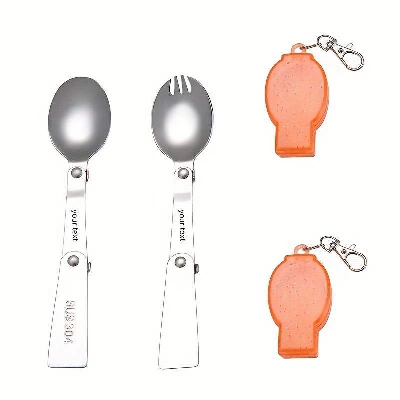 personalized 304 stainless steel   with keychain compact portable fork and spoon set reusable ideal for outdoor camping picnic   orange camping essentials compact tableware durable tableware Product details 7