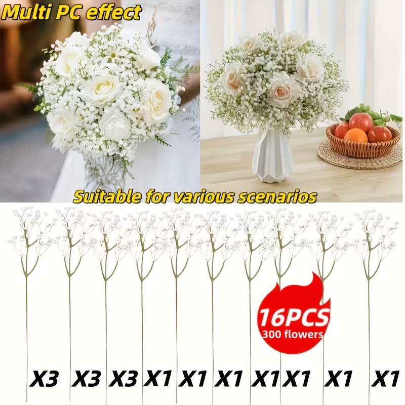 16 Bundles - 480 Artificial Gypsophila Flowers, 11.8 Inches, Suitable For Outdoor Arrangement, Very Suitable For Weddings, Engagements, Home Decoration, Hotels, Projects, Parties