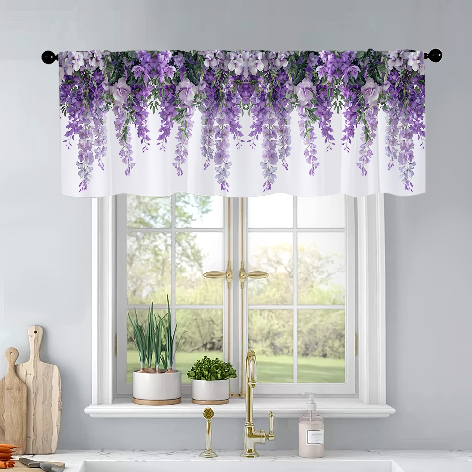 TEMU 1pc Spring Floral Plant Tree Print Kitchen Curtain Valance Pocket Window For Living Room Bedroom Bathroom Home Decor, 54 Inches X 18 Inches