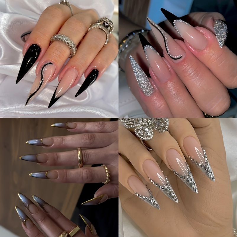 

4pcs (96pcs) & Glitter French Tip Acrylic Nails - Shape, Long Stiletto Press-ons In Black, Blue, And Nude Pink With Swirl And Diamond Accents, Extensions | French Tip Nails | Glittering Rhinestones