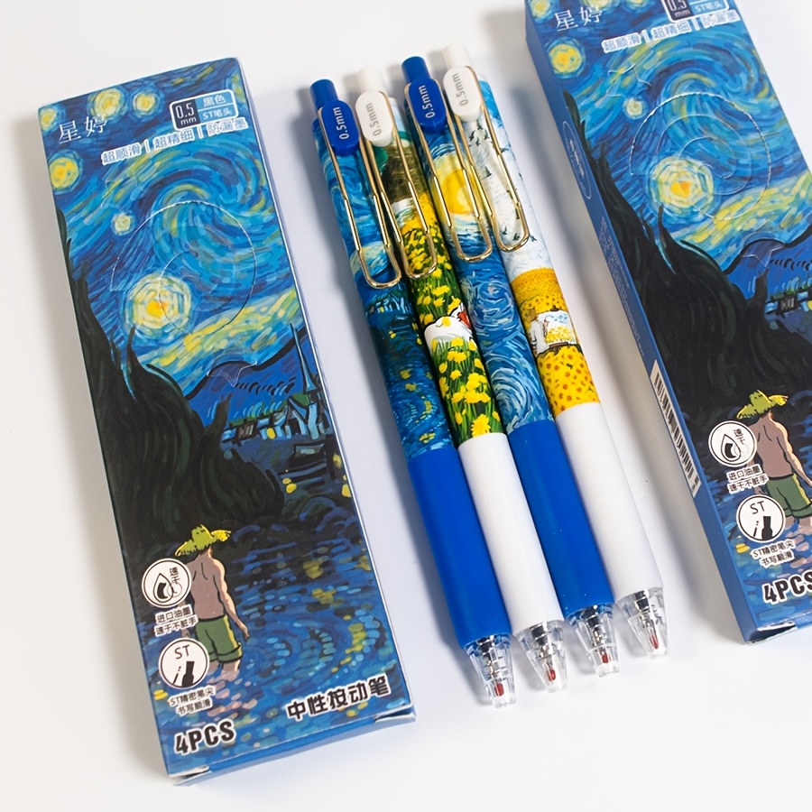 

4pcs/boîte, Stylo rétractable à motif de peinture à l'huile de Van Gogh, pointe de 0.5mm pour une écriture fluide, stylo à à séchage rapide, adapté pour , et les fournitures de bureau