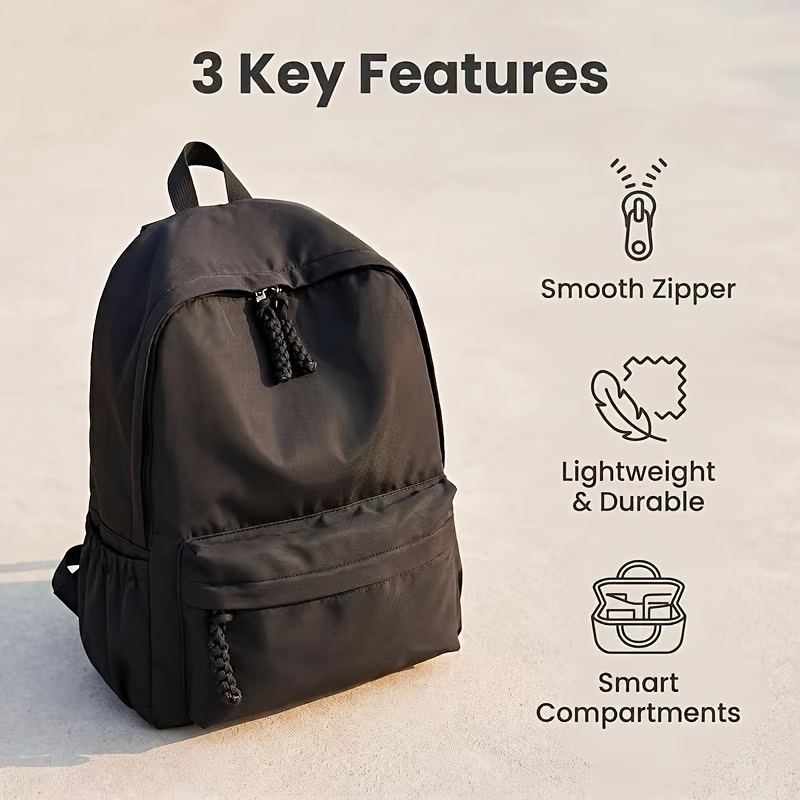 TEMU 1pc × 4.33 × 15.35 Inches Solid Color Backpack, Large Capacity Lightweight Nylon School Bag, Easy Casual Backpack, Suitable For Commuting, Work