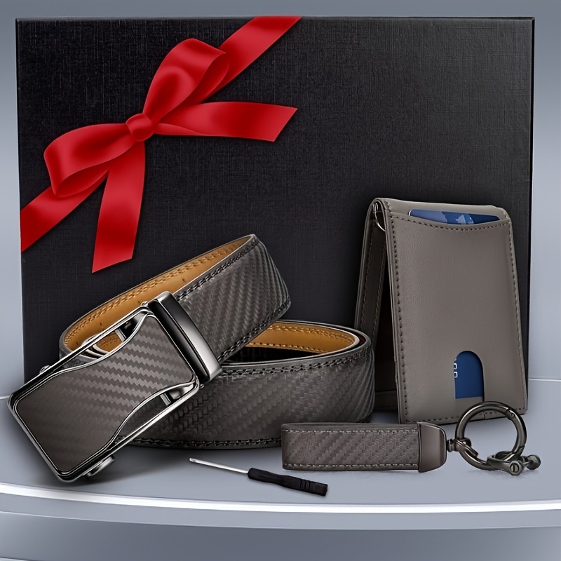 

4pcs/set Men's Gift Leather Business Set - Keychain, Wallet, Belt, Gift Box, Birthday Gift, Gift Box Set
